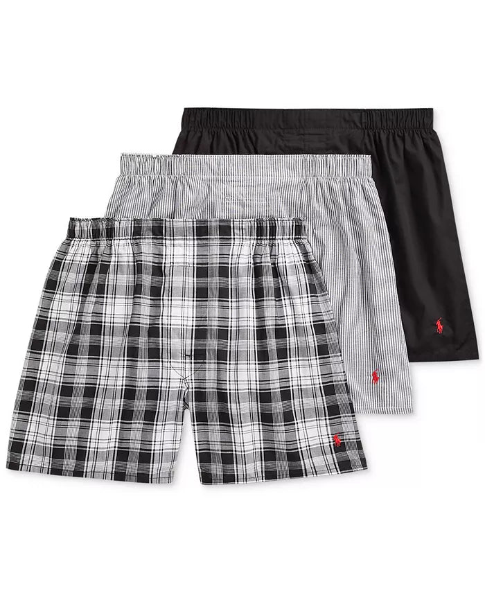 Polo Ralph Lauren Men's 3-Pack Classic Woven Cotton Boxers Black Plaid